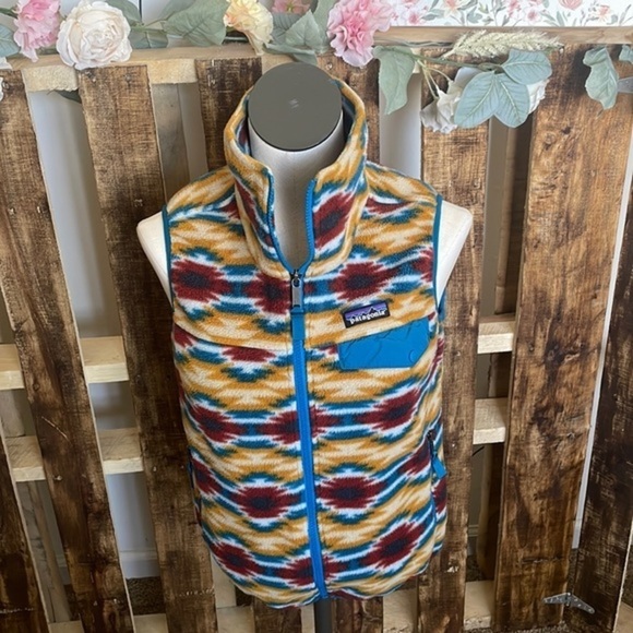 Patagonia Synchilla Snap T Fleece Vest Aztec Pattern gold blue Women jacket Sz S - Picture 14 of 15